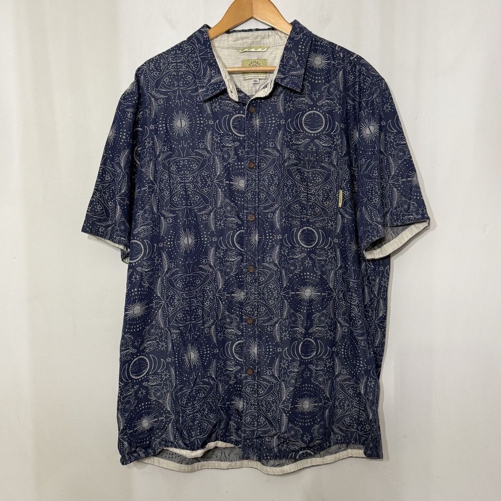 Levitate Mens XXL Organic Cotton Blue Sun Star Short Sleeve Button Shirt